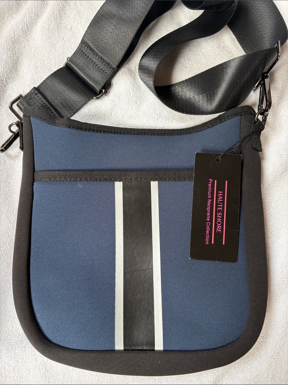 HAUTE SHORE Blue Neoprene Crossbody with Black and White Stripes